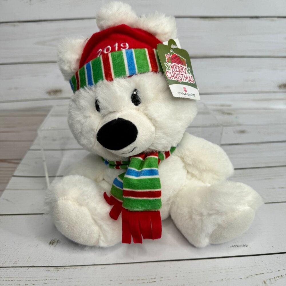 American Greetings 2019 Merry Christmas 9" Plush Bear With Striped‎ Hat & Scarf